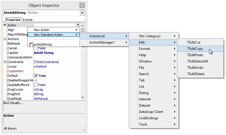 Another way to add a standard action to an action list or action manager