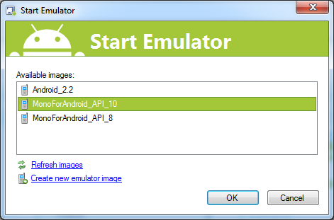 Choosing an emulator image to start