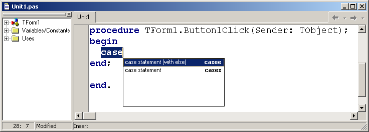 A filtered list of Code Templates in Delphi 5