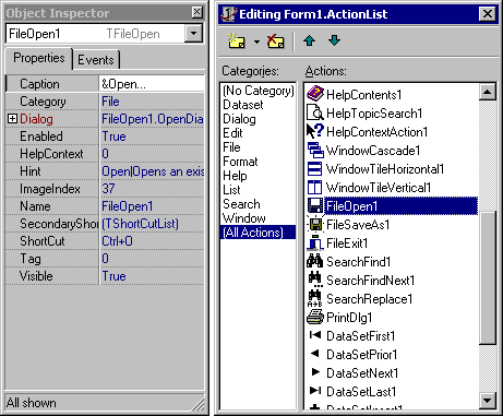 Instances of each of Delphi's standard actions